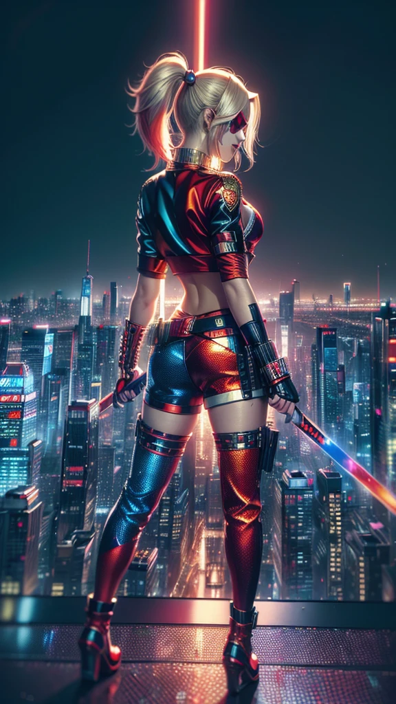 (high quality), (masterpiece), (detailed), 8K In a hyper-realistic digital rendering, a lone (Japanese girl1.2) stands amidst a futuristic cityscape, embodying the essence of (Harley Quinn1.3). Her vibrant attire clashes with the sleek, metallic surroundings, evoking a sense of rebellious energy. Trending on DeviantArt.