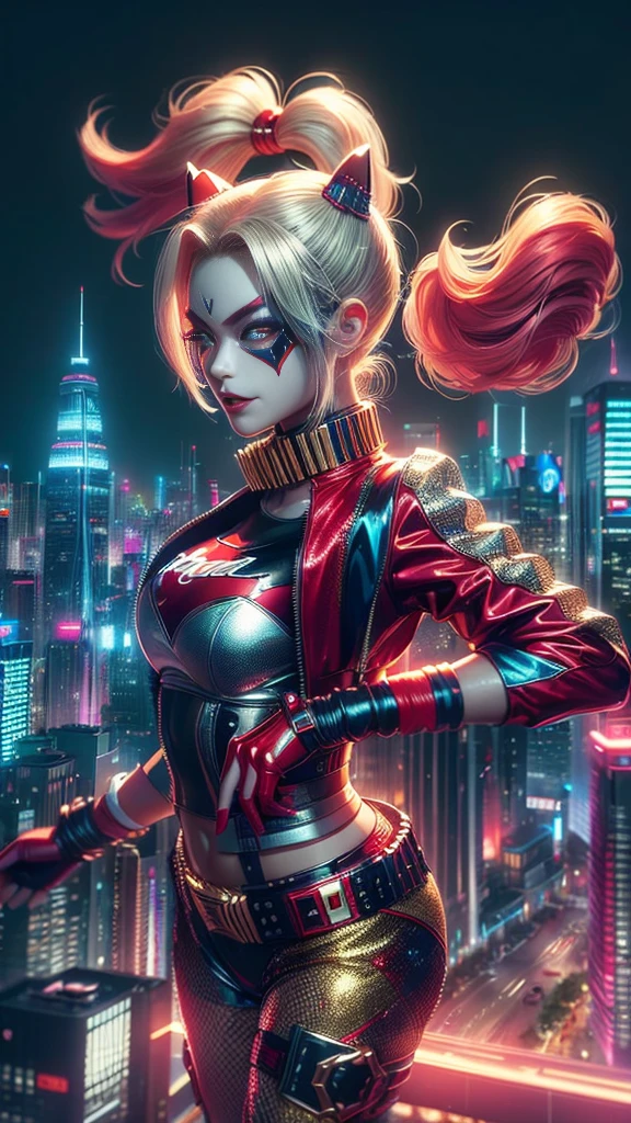 (high quality), (masterpiece), (detailed), 8K In a hyper-realistic digital rendering, a lone (Japanese girl1.2) stands amidst a futuristic cityscape, embodying the essence of (Harley Quinn1.3). Her vibrant attire clashes with the sleek, metallic surroundings, evoking a sense of rebellious energy. Trending on DeviantArt.