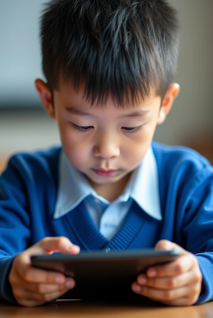 One boy Kid wear blue uniform playing tablet closeup video