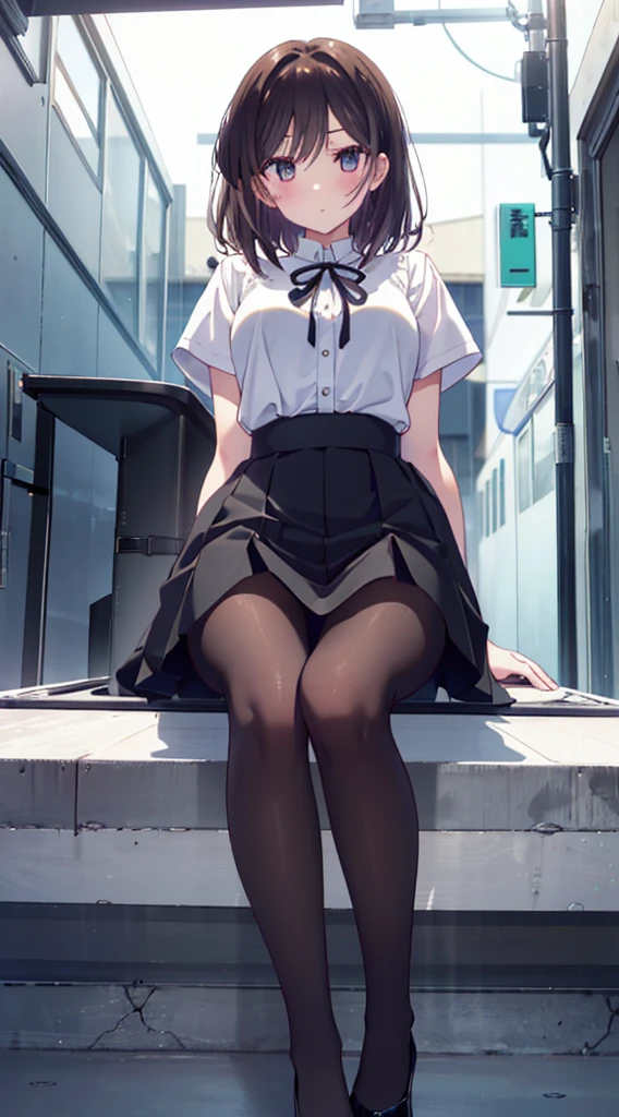 Head to toe、(A composition that fits the whole body)、Daytime、One Girl、Very beautiful 1 girl、Composition from the front、Big eyes、(Small Tits)、White blouse、(Pure white underwear)、Wearing high heels、(blackpantyhoseの内側に白いパンティ)、(blackストッキングの内側に白いパンティ)、Panty shot、bangs、Highest quality、High resolution、Beautiful attention to detail、Very detailed顔、Perfect lighting、Thin legs、In 8K、Highest quality、Intricate details、Very detailed、超High resolution、masterpiece、Perfect Skin、Tight waist、A slight blush、Looking at the audience、sweating、(black_pantyhose:1.2)、 blackストッキング、blackpantyhose