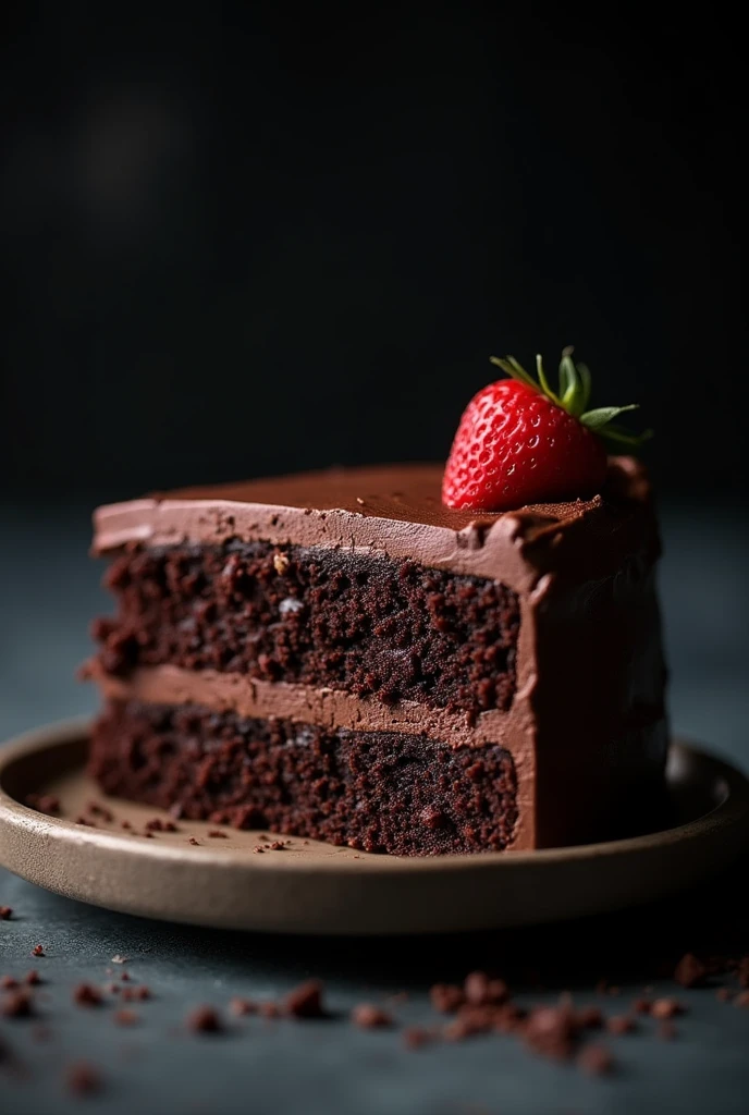 cinematic film still chocolate, chocolate cake, dark background, quality photo, moist texture, frosting, studio photo, slice . shallow depth of field, vignette, highly detailed, high budget, bokeh, cinemascope, moody, epic, gorgeous, film grain, grainy