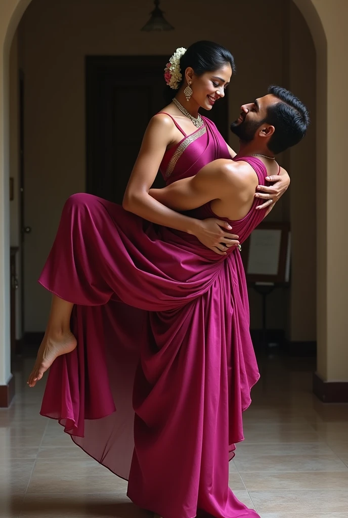 Smiling and Beautiful indian woman in dark pink silk saree  lifting up a large man on her hips like a  , in a room with high ceiling, full body view 