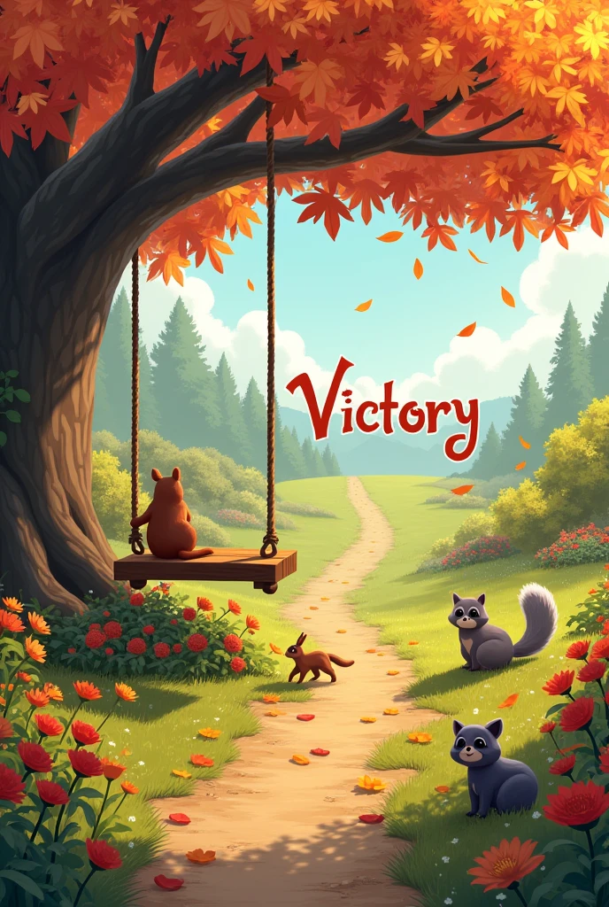 beautiful big garden in autumn leaves flying,A Tree Swing,various animals, squirrel, raccoon, flowers along the dirt road, with the name VICTORY written in lilac in the background, high resolution ,width twice as large as height
