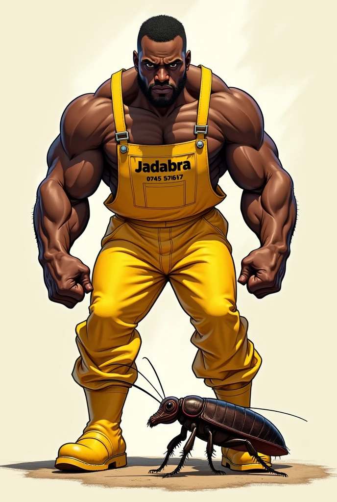Create 5 powerful illustrations of a muscular African man pest controller in yello overall, with gumboots, crushing a cockroach. On the overall it's clearly written "JADABRA" and "0745151617" the man is directly staring at the cockroach.
