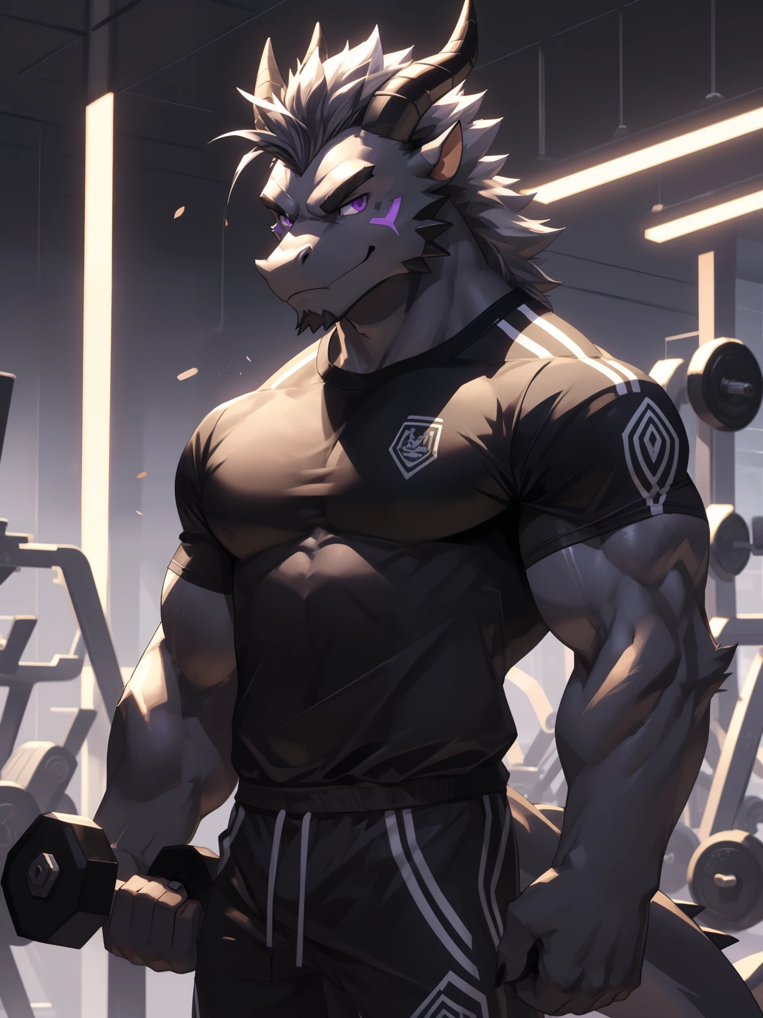 Masterpiece, Solo, (Brown bull, A Pair of white horns, Medium yellow hair), Blue eyes, Muscular Body, Handsome, Good Looking, Adult, Fierce, Smirking, gym outfit, gym furry Background.