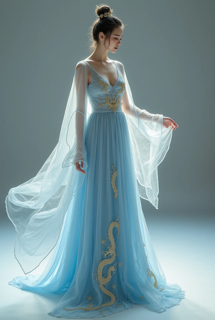 a dress of the late Tang Dynasty fashion, Sky blue with embroidery on the skirt of subtle dragons of delicate golden threads, Everything is covered with fine, transparent white gauze.