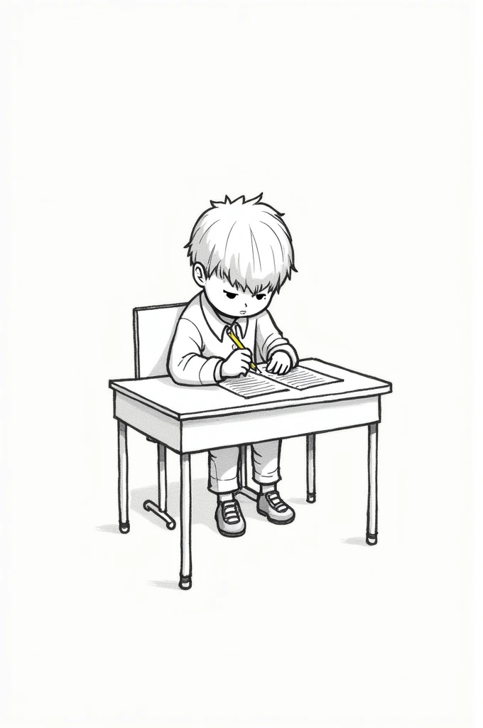 Drawing of a  sitting on a chair in a classroom, taking a test, on white background