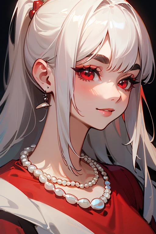 (Highest quality, masterpiece:1.2), High resolution, 最高masterpiece、Very detailed, Realistic:1.37, Fantasy, An illustration,Gray Hair、 Red eyes、Queen, Red dress、beautifully、Eyeshadow Red、Thick eyebrows、Long eyelashes、pupils are black、shiny on the lips、Top Sites、Queen、Princess、A kind smile、Soft impression、people々々々々々Loved by、Slimming the face、Shoulder Bare、ponytail、Kissing Face、Long white hair、Shaggy Bangs、(Save face image).(Training camp)、(A kind smile)、(Background white)、((Pearl Necklace))