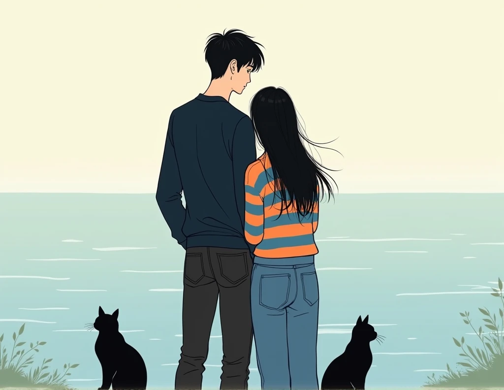A tall adult man with black hair in the kpop idol style, korean traits, White skin y vestido con jeans negros y un jersey negro junto a una mujer adulta con korean traits de cabello largo y negro al estilo de una idol de kpop, White skin, dressed in blue trousers and a blue and orange striped jersey. Both standing next to each other looking at the sea and hugging two black cats manhwa style