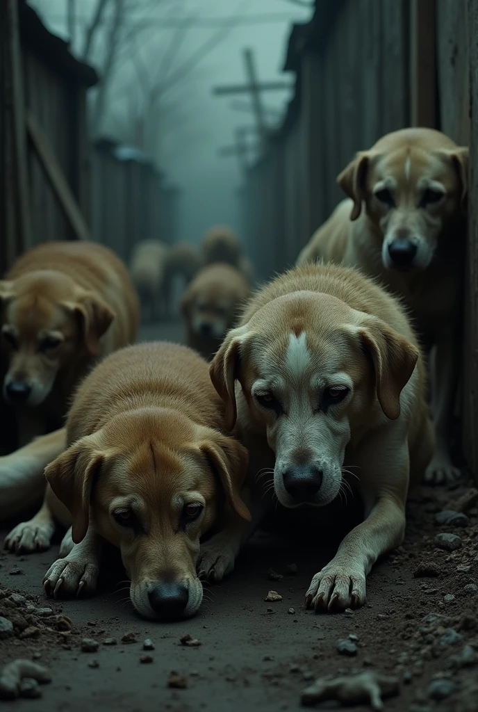 Generate an image of some dogs being mistreated and suffering a lot