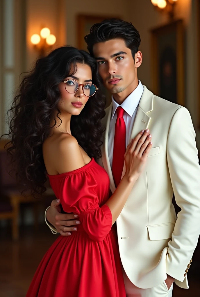 um casal, a has long 3B curly hair and brown eyes, and wears glasses she wears a red dress with puffed sleeves and he wears a white suit with a red tie, he has very sparkling green eyes and he has black hair. they're young. most realistic