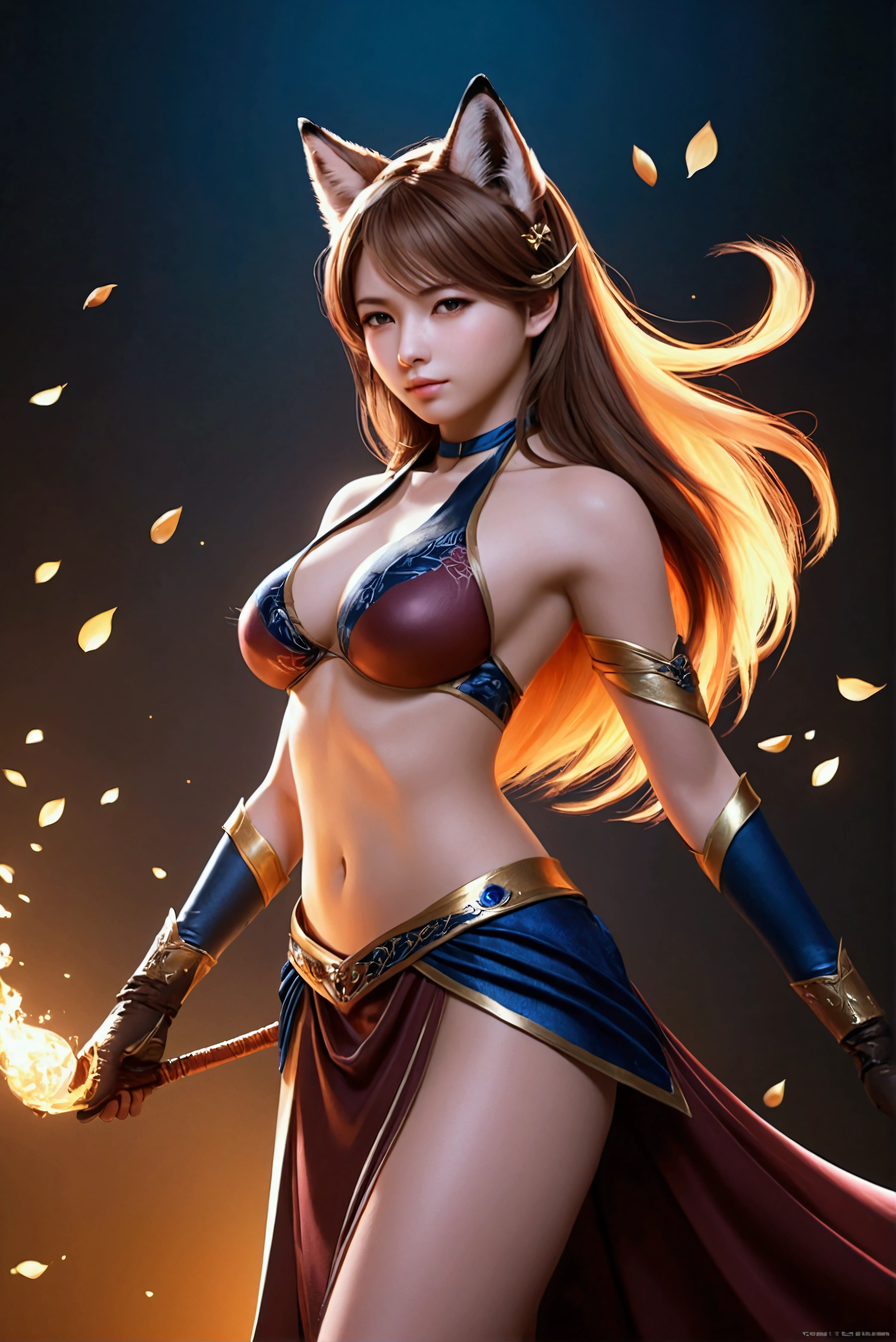 Best quality, 8K, HDR, soft lighting, picture perfect, realistic, vibrant, fox girl with brown hair, kitsune, beautiful female kitsune, digital illustration, beautiful illustration, beautiful digital artwork, exquisite digital illustration, realistic digital art, realistic style digital art, ultra high quality fantasy art, final fantasy, masterpiece, ultra high quality female character design, wallpaper illustrations of the highest quality, complex ultra high quality accurate faces of female characters, high quality design and accurate physics, ultra high quality fantasy style, masterpieces, super high quality characters, resolution - 8K, realistic art, highest quality wallpaper illustration, ultra-high facial detail, quality design and physics accuracy, by color, depth of field, shadows, ray tracing, high quality and 8K resolution computer wallpaper production, accurate simulation of the interaction of light and materials, Highly detailed hair, More about beautiful and shiny brown hair, Beautifully detailed hands perfect fingers, Beautiful nails, perfect anatomy, perfect proportions, Full-length, Perfect color combination, Accurate imitation of the interaction of light and material, art that conveys the meaning of the story, full body picture.