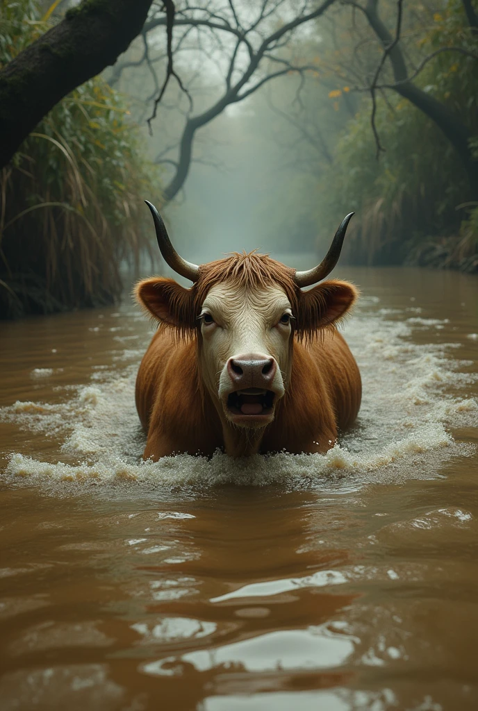 Scared cow swimming in brown river