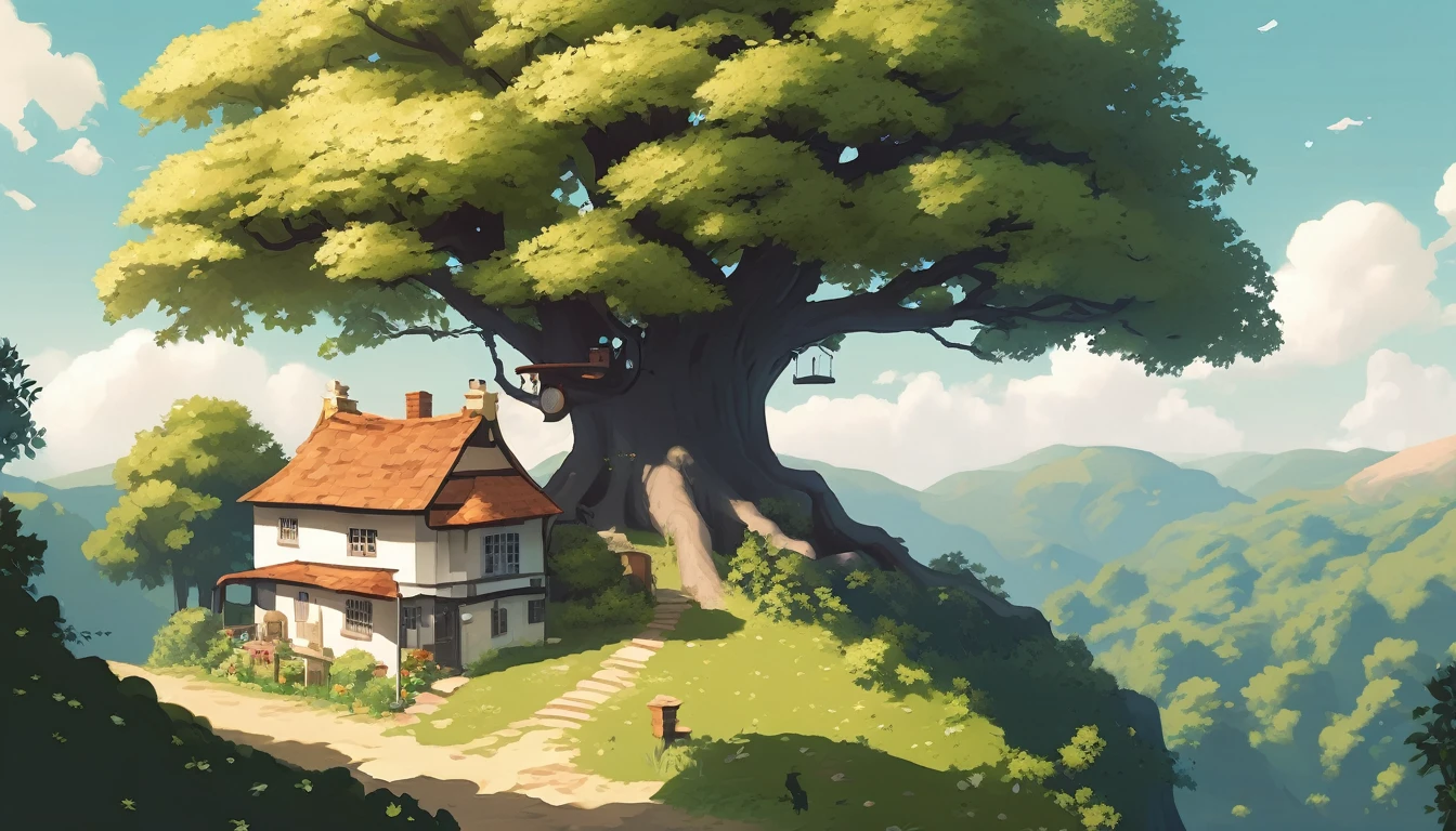 an astronomically large tree, far away view, white leaves, branches reaching far out, immense size, dwarfing other trees, [quaint villages under the shade], [small cottages], [serene ambiance] , [tiny houses], [soft sunlight], [calm setting]