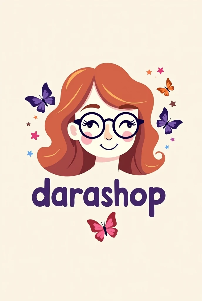 logo in 2d, of a white girl with copper hair and glasses, that says DaraShop with purple letters and butterflies 