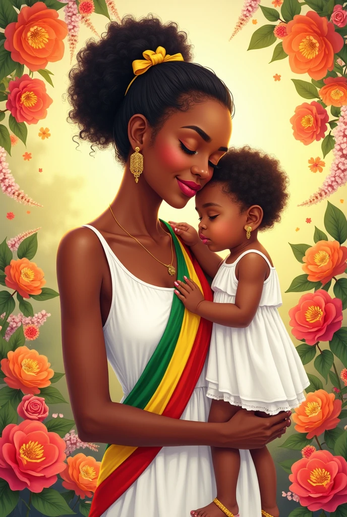 Postcard on an International Mother's Day, beautiful colours, nice picture of a Mother and her , flowers in background.she wearing a beautiful white dress with a strip of Ethiopian flag.her skin is less darker 