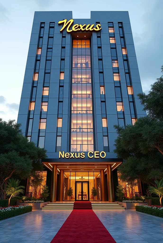A luxurious, presidential standard company headquarters with the name NEXUS(CEO) on it and red carpet on entrance with Singaporean and America architecture,grass, flowers and on it's own space and compound where is the name NEXUS (CEO) can't see the words I want it more bold and exquisite where are the writing