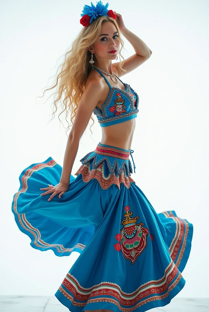 (8k, CRU photo, highest quality) (((full body shot:1.3))), (((blue eyes:1.5))), blonde woman cosplaying as a Mexican regional dancer, with her entire body fully visible within the frame. She should have long, curly hair. Dress her in a vibrant outfit with bold shades of blue, featuring a playful design with a fitted top and a skirt with colorful patterns. Her expression should be relaxed and happy, highlighting the detailed elements of her cosplay. The background should be completely white, with no scenery or landscape, only a plain white background. (((dynamic pose:1.3))), ((movement pose:1.2))), soft lighting, cinematic lighting, realistic skin, ((pores)), ((high detail skin)), light volumetric, hyper-realistic, vivid details, clear as crystal, 8K UHD, ultra photo realism, best quality, work of art, extremely detailed CG, unity, wallpapers (realistic, photorealistic: 1.37), shining, fine-details, correct body structure, (((Depth of field:1.5))), (((atmospheric perspective:1.4)))