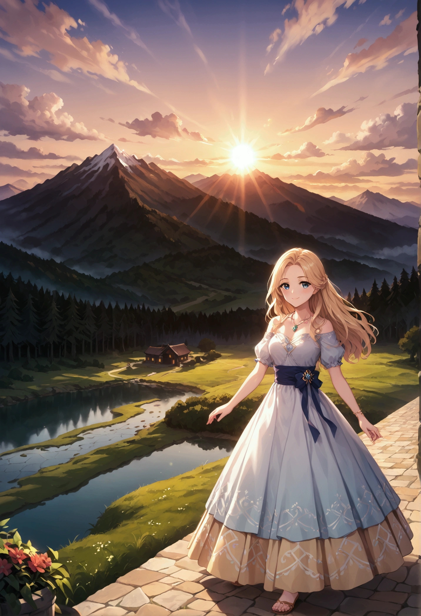 1 girl, happy expression, charming eyes, straight long hair, flowing skirt, big, looking at the sun, calm posture, porcelain-like skin, subtle blush, crystal pendant BREAK Golden Hour, (edge lighting): 1.2, cool colors, sun flare, soft shadows, bright colors, painting effects, fantastic atmosphere BREAK Scenic lakes, distant mountains, pine trees, mountain tops, reflections, sunlit clouds, tranquil atmosphere, idyllic sunrise, Ultra detailed, official art, unified 8k wallpapers, zentangle, mandala
