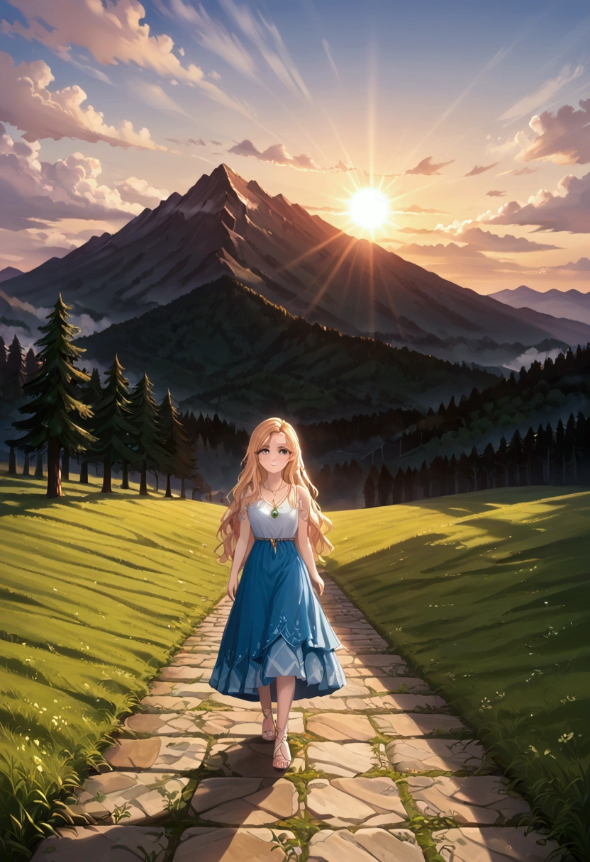 1 girl, happy expression, charming eyes, straight long hair, flowing skirt, big, looking at the sun, calm posture, porcelain-like skin, subtle blush, crystal pendant BREAK Golden Hour, (edge lighting): 1.2, cool colors, sun flare, soft shadows, bright colors, painting effects, fantastic atmosphere BREAK Scenic lakes, distant mountains, pine trees, mountain tops, reflections, sunlit clouds, tranquil atmosphere, idyllic sunrise, Ultra detailed, official art, unified 8k wallpapers, zentangle, mandala