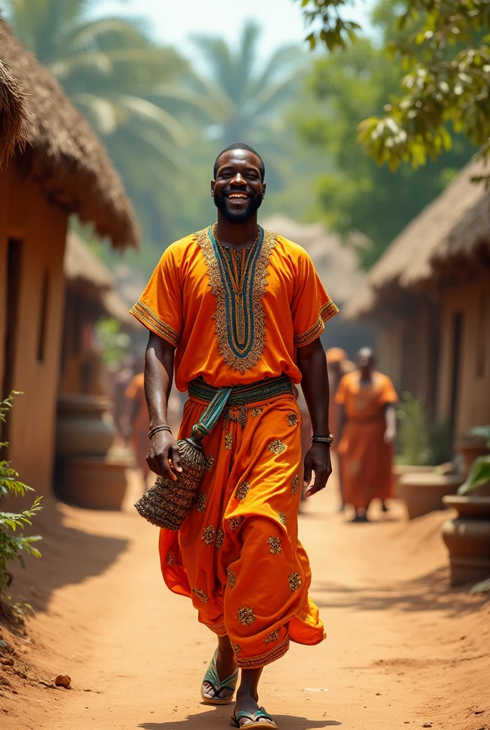 Black man. Brown skin. Smiling. Walking in the streets of an African village. Ultra high quality