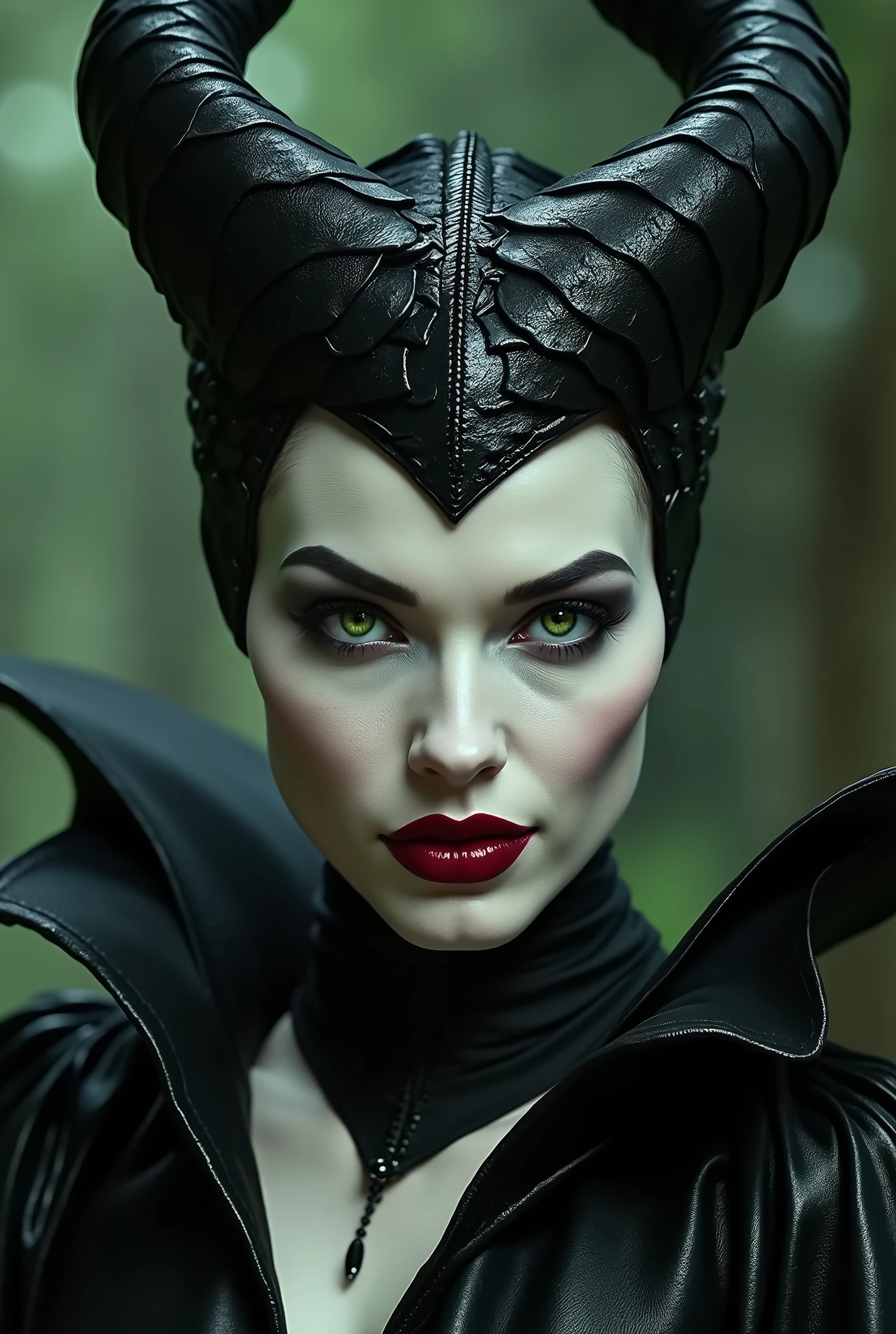 Maleficent in the process of transforming into a dragon, she is not quite human, yet not quite a dragon, her eyes are glowing a pale green, dark red lipstick, powerful, black leathery scales