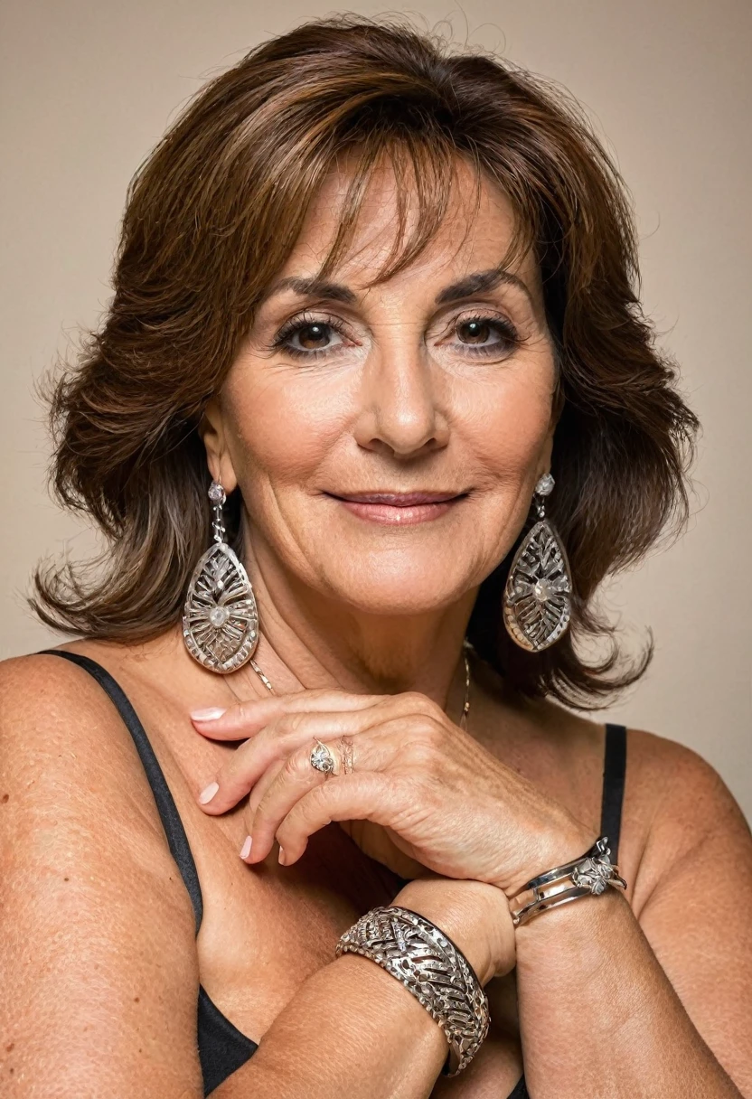 Mature attractive italian woman,55 anni,(curvy),Big Breasts,horny, curvy, formosa donna di 55 anni, (Facial wrinkles:1.3),Light makeup,Light brown hair,Earrings,a bracelet,8k, RAW Photos,(nsfw image),highest quality,masterpiece,highest quality,(standing,from head to knees), rughe, nei sul seno, ((circondata da una vasta folla di uomini))