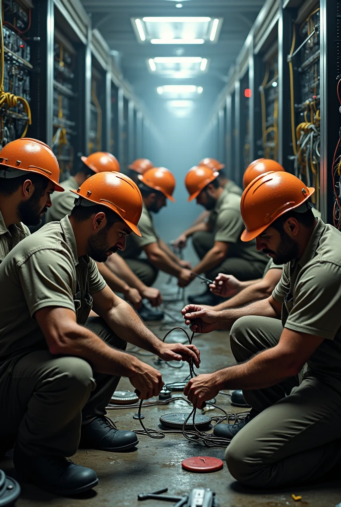 9 tough men working with helmets in a telecommunications company

