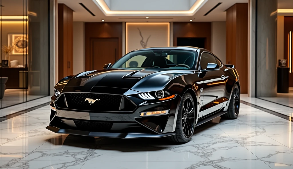 A luxurious and modern view of the New 2025 Ford Mustang in a sleek black color, parked in an upscale showroom. The car’s design features distinctive narrow headlamps that give it a sharp and aggressive appearance, emphasizing the Mustang’s bold and sporty character. The iconic Ford Mustang logo is prominently displayed on the front grille, symbolizing power and heritage. The glossy black finish highlights the Mustang’s sculpted lines and aerodynamic design, while the luxurious rims add a sophisticated touch. The showroom exudes opulence, with polished marble floors, expansive glass walls, and stylish decor, perfectly complementing the Mustang’s modern and powerful presence.