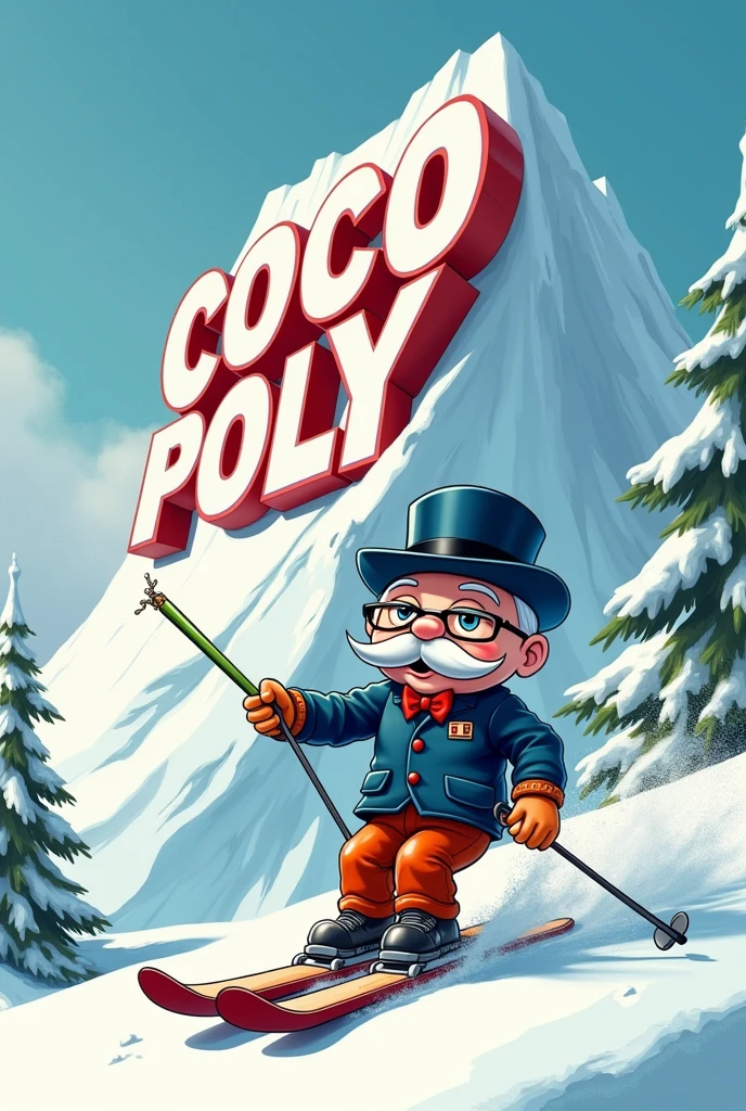 monsieur monoply avec des lunettes noir et un joint a la bouche qui descend une montagne en ski avec derriere lui une avalanche qui tombe de la montagne avec ecrit dessus COCO POLY en 3d en cartoon