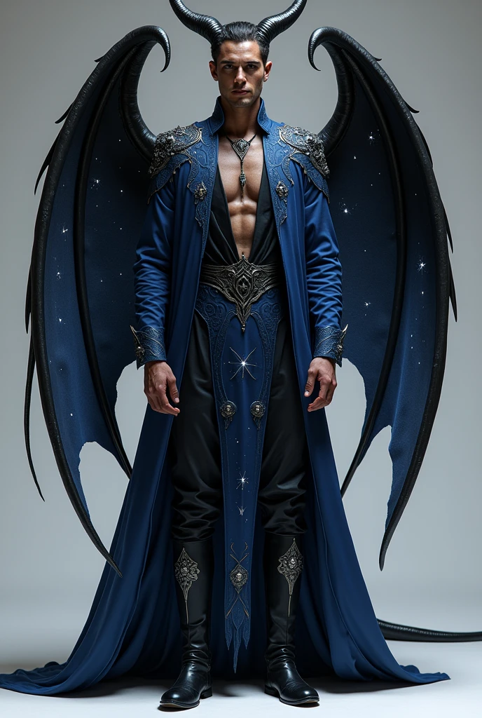 Void is a man with black horns, black tail and black dragon wings, its wings have parts that look like space with stars, is dressed in a long tunic, made of an ethereal fabric that varies between shades of dark blue and cosmic black. The tunic has a deep V-neckline, subtly highlighting the collarbone, and is accented by intricate silver patterns that flow along the edges.
Wide sleeves extend to the wrists, where they taper slightly, adorned with delicately embroidered star motifs. The upper part of the tunic has a front opening, revealing a narrow band at the waist, decorated with ancient symbols in shining silver.
The pants, adjusted and fluid at the same time, follow the dark tone of the tunic, creating an elegant continuity. On the feet, Void wears knee-high boots, also in shades of dark blue, with silver details that echo the patterns present in the garment.
A notable feature is the opening in the back of the tunic., strategically designed to allow Void's imposing black wings to unfold with ease. Essas asas, when expanded, add a majestic dimension to their divine presence.
Void, so dressed, exudes a cosmic elegance and a touch of mystery, encapsulating his essence as the God of the Supernatural and Guardian of the Unknown.