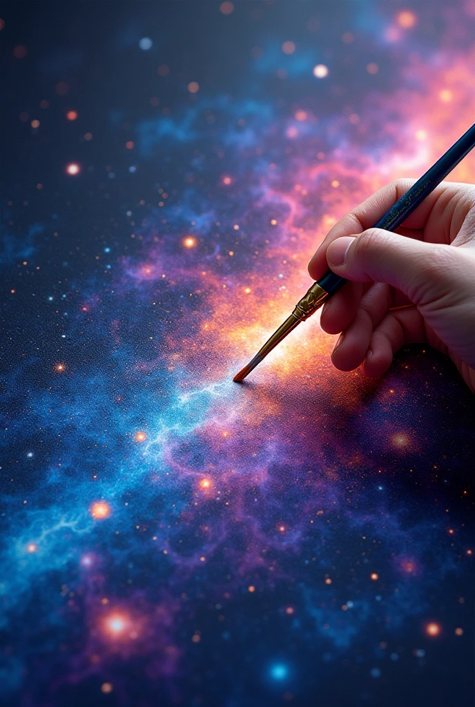 Make a logo with a brush painting a galaxy halfway through a drawing