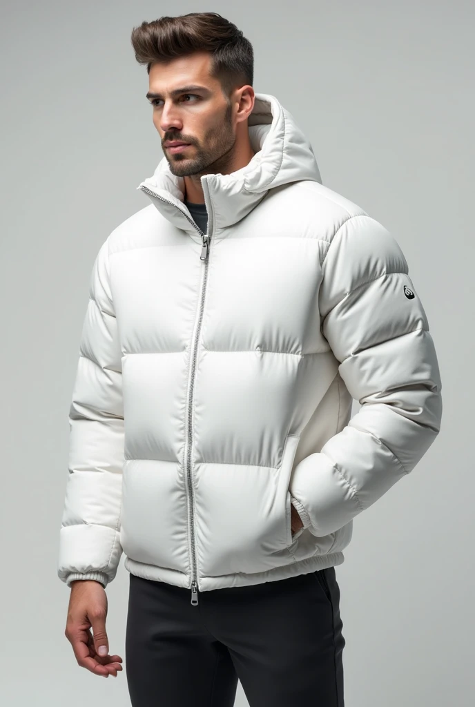 high-quality mockup of a Men's Down Jacket white. The item is presented in front and back view The Men's Down Jacket Mockup, versatile, sporty apparel design, include a zipper closure, featherweight feel, and casual yet stylish design detalled, 8k