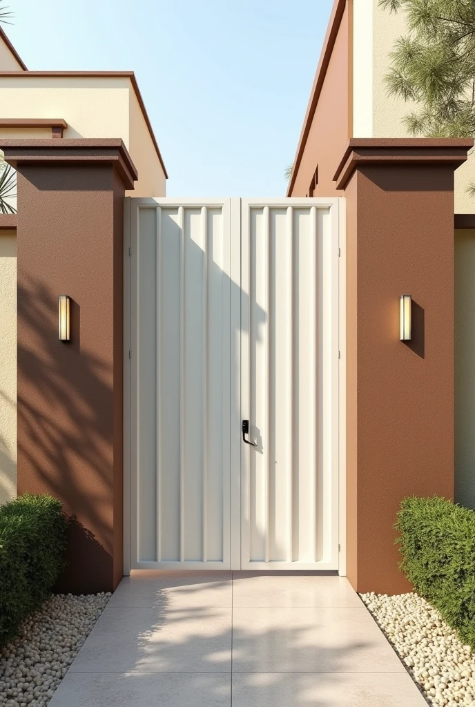 I have a 40-meter linear wall with a metal social gate painted white. (gate all closed, no air passage) and side columns painted in monkey brown, I need examples of designers for the wall, It has a thick roughcast texture painted in sand color, Give me photos of how I can improve the wall to make it more beautiful