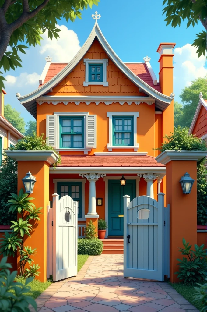 I need a concrete neighborhood house with a large gate and a small white one, a house in the color of your imagination with a small garden.