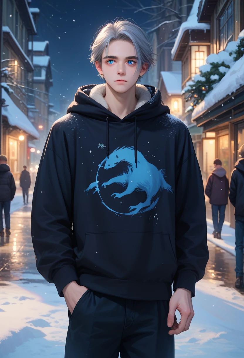 A young man with gray hair, mullet, blue eyes, black hoodie and long pants turned his back in the middle of a snowy city at night.