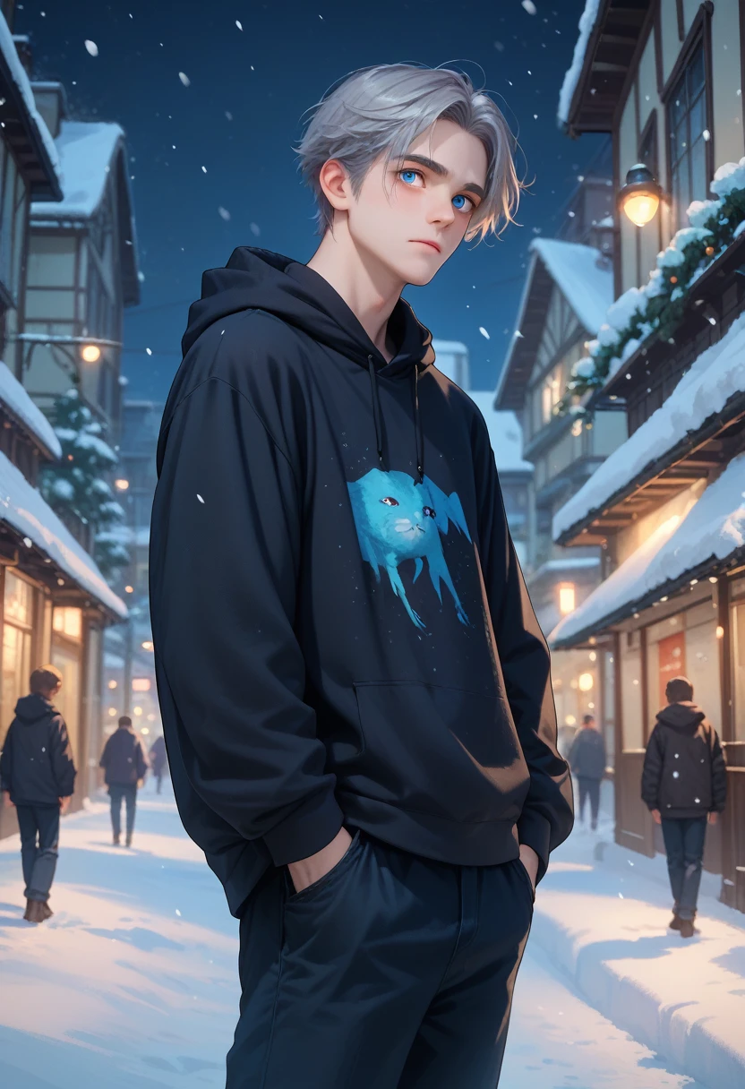 A young man with gray hair, mullet, blue eyes, black hoodie and long pants turned his back in the middle of a snowy city at night.