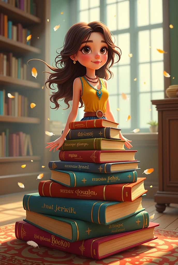 A cartoon girl in a dress made of stacks of books
o
