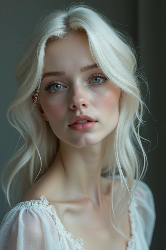 Pale skinned woman with long wavy hair, grey eyes, long eyelashes, pink lips, slim body