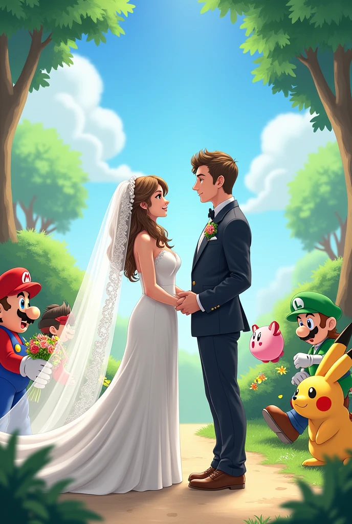 Couple getting married, and Nintendo characters in the background