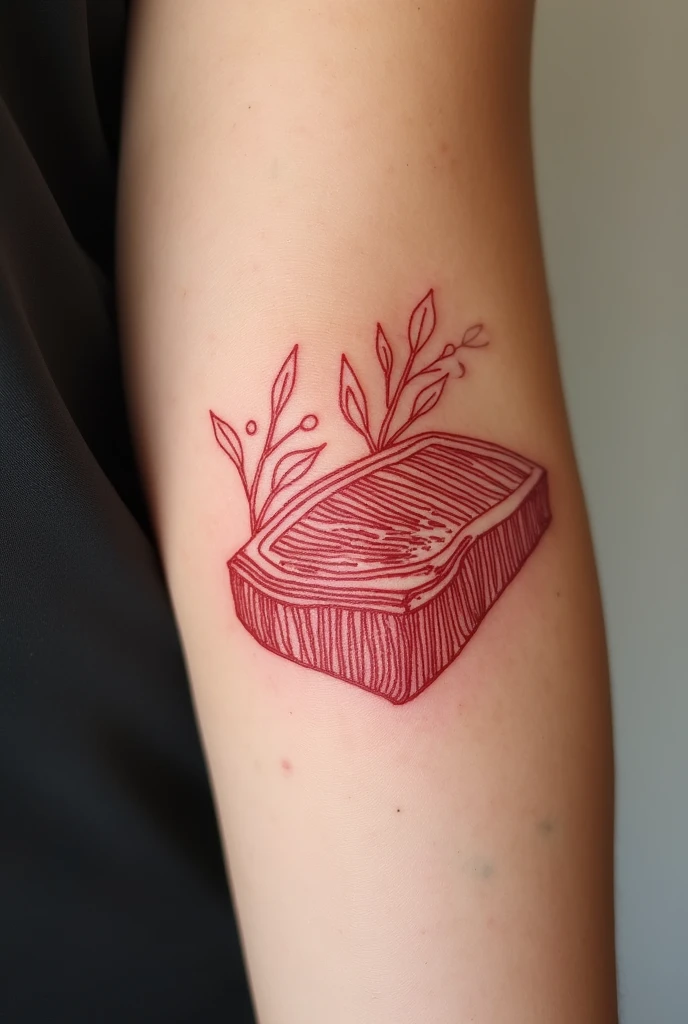 Line art tattoos, red and small in size, representing Argentinian short ribs