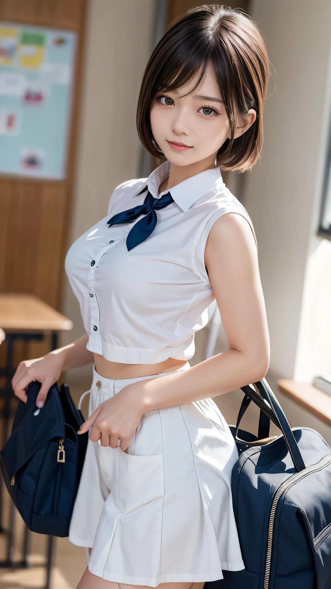 I'm a girl in a high school uniform, short hair, ponytail, evil smile, (medium breasts), (looking viewer), beautiful face, (school emblem), beautiful eyes, realistic, ultra high resolution, 8K, 