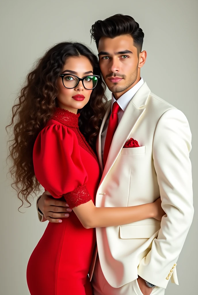 um casal, a has long 3B curly hair and brown eyes, and wears glasses she wears a red dress with puffed sleeves and he wears a white suit with a red tie, he has very sparkling green eyes and he has black hair. they're young.