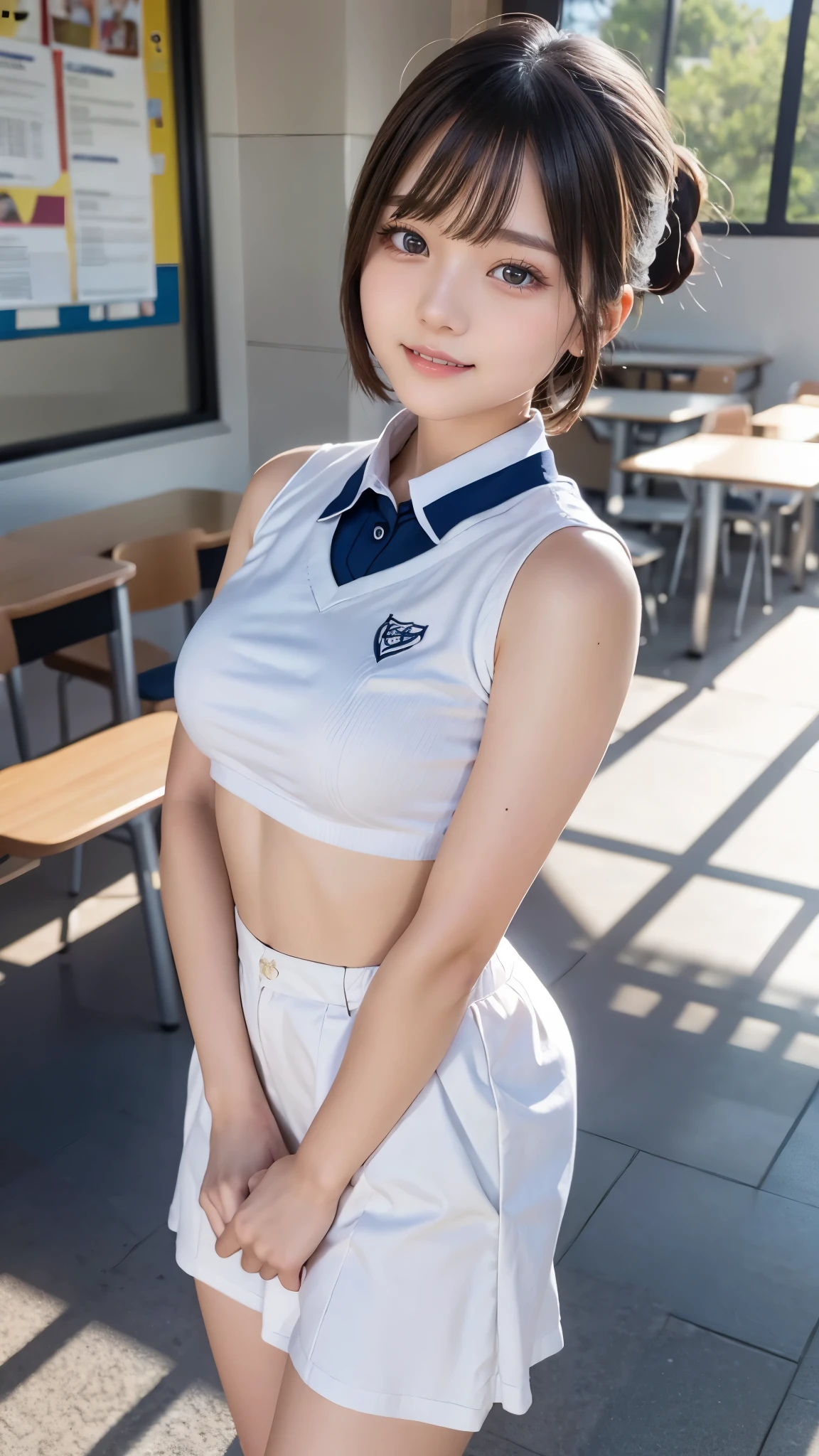 I'm a girl in a high school uniform, short hair, ponytail, evil smile, (medium breasts), (looking viewer), beautiful face, (school emblem), beautiful eyes, realistic, ultra high resolution, 8K, 