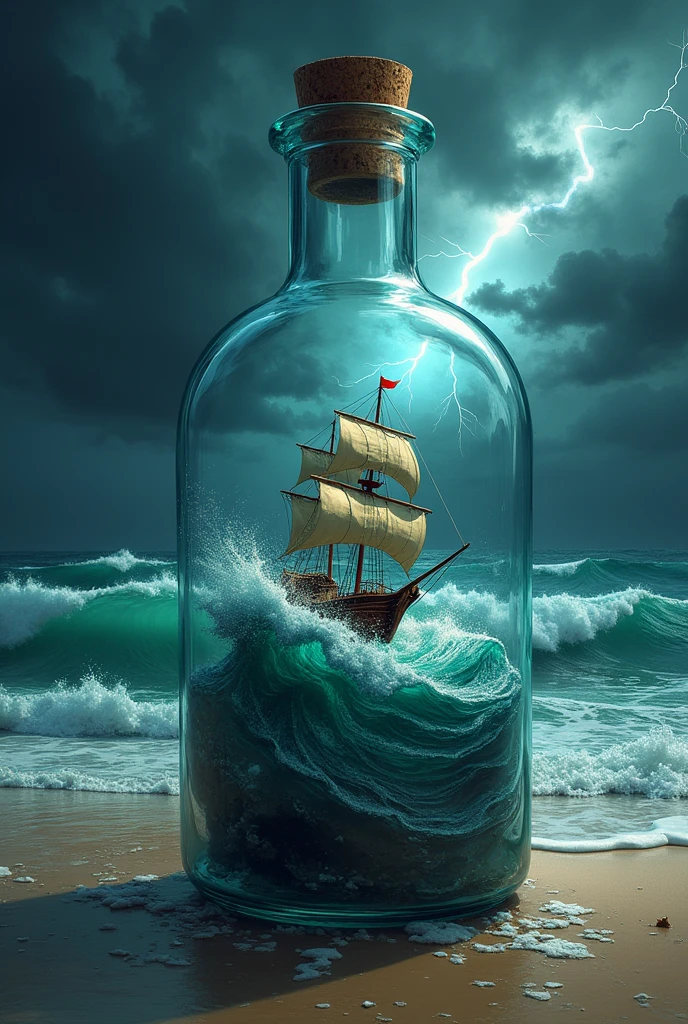 Visualize a small ship enclosed within a glass bottle, caught in a fierce and turbulent storm. Inside the bottle, the sea is raging with towering waves crashing against the ship, and dark storm clouds swirl above with flashes of lightning. The ship is battling the storm, sails torn and leaning precariously against the wind. The bottle itself is floating near the shore, with the calm, sandy beach just visible through the clear glass. Outside the bottle, the ocean is much calmer, with gentle waves lapping against the shore, creating a striking contrast between the chaos inside and the tranquility outside."