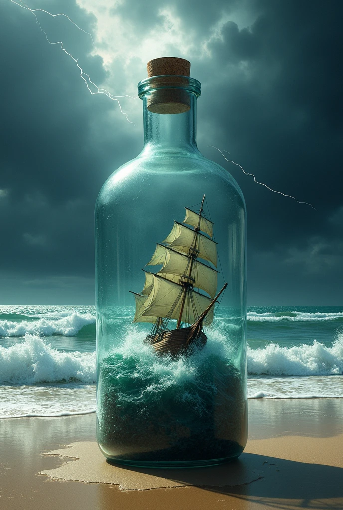 Visualize a small ship enclosed within a glass bottle, caught in a fierce and turbulent storm. Inside the bottle, the sea is raging with towering waves crashing against the ship, and dark storm clouds swirl above with flashes of lightning. The ship is battling the storm, sails torn and leaning precariously against the wind. The bottle itself is floating near the shore, with the calm, sandy beach just visible through the clear glass. Outside the bottle, the ocean is much calmer, with gentle waves lapping against the shore, creating a striking contrast between the chaos inside and the tranquility outside."