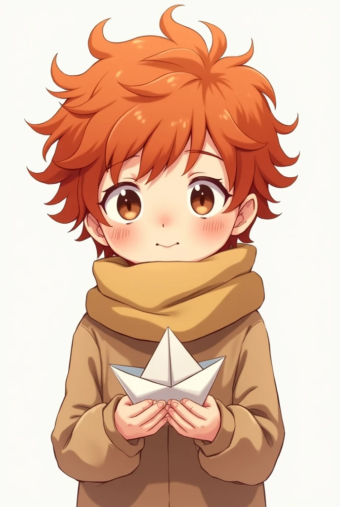Drawing on white background anime Kawai of a shy red-haired boy with curly hair and freckles and wearing a scarf and holding a paper boat