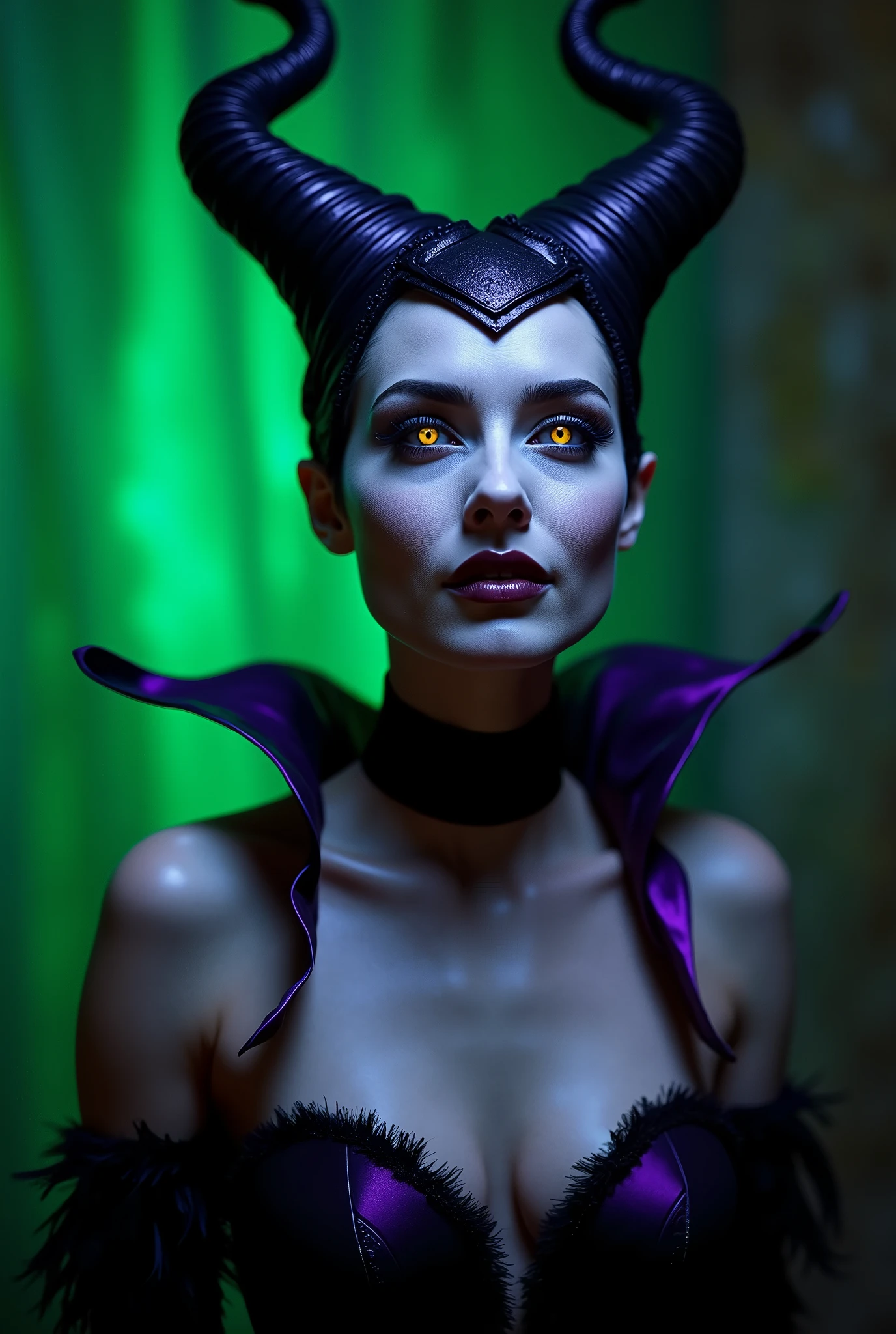 A stunning portrait of Maleficent looking almost non human, exotic, dangerous beauty, pale glowing eyes, emphasis on her horns, extra long horns, purple highlights, purple reflected light, in the nude, hyper realistic, real portrait, backlit, exquisite features, cleavage, sexy, seductive, unnatural light, soft light, location is the interior of a dungeon, green light, eerie, purple highlights:1.4, she is smirking, she is busty, her chin is raised, looking down at viewer, low angle shot, exquisite features, exotic, very pronounced cheekbones, high cheekbones, show her full horns, her head is tilted back