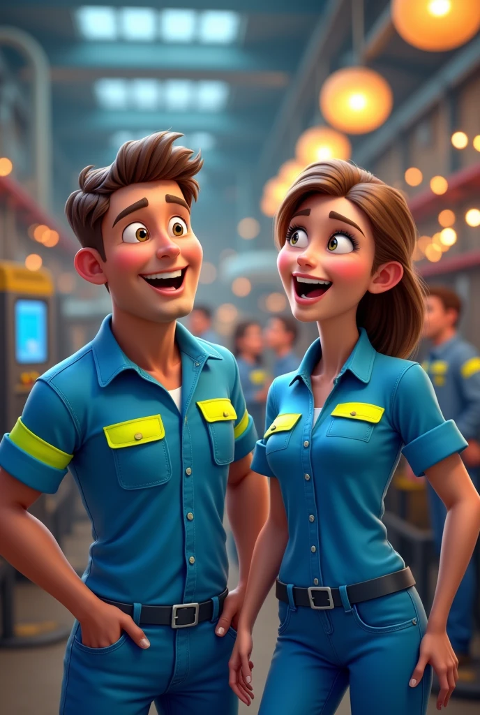 An animated image featuring male and female industrial technicians celebrating Technician&#39;s Day. Blue shirt with neon yellow. Like at a party.