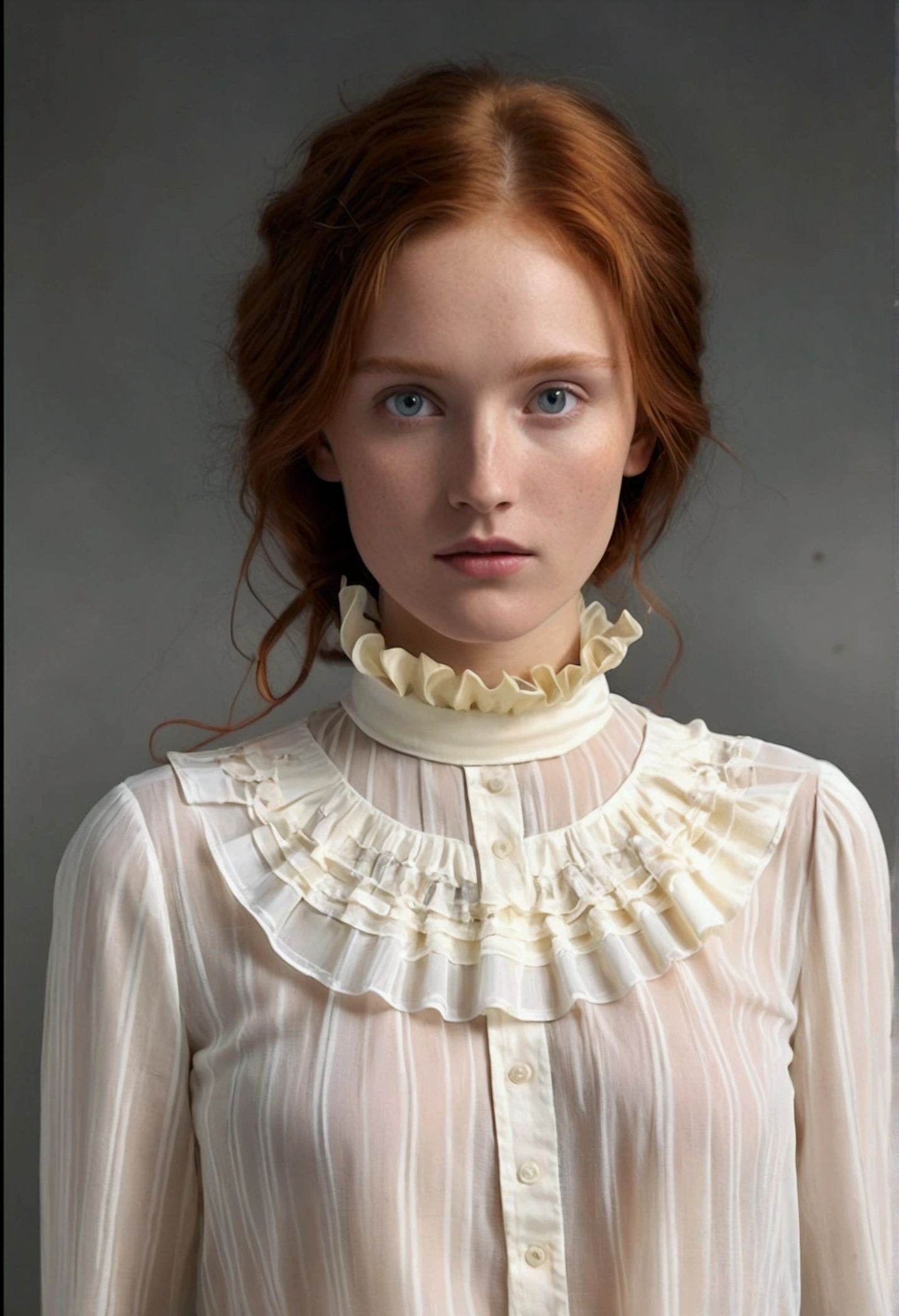 A redhead woman possing to the camera, she wear a vintage shirt transparent that leave see her nude under,s black and white, photography, (best quality,4k,8k,highres,masterpiece:1.2),ultra-detailed,(realistic,photorealistic,photo-realistic:1.37),HDR,UHD,studio lighting,extremely detailed eyes and face,beautiful detailed lips,longeyelashes,elegant pose,natural lighting